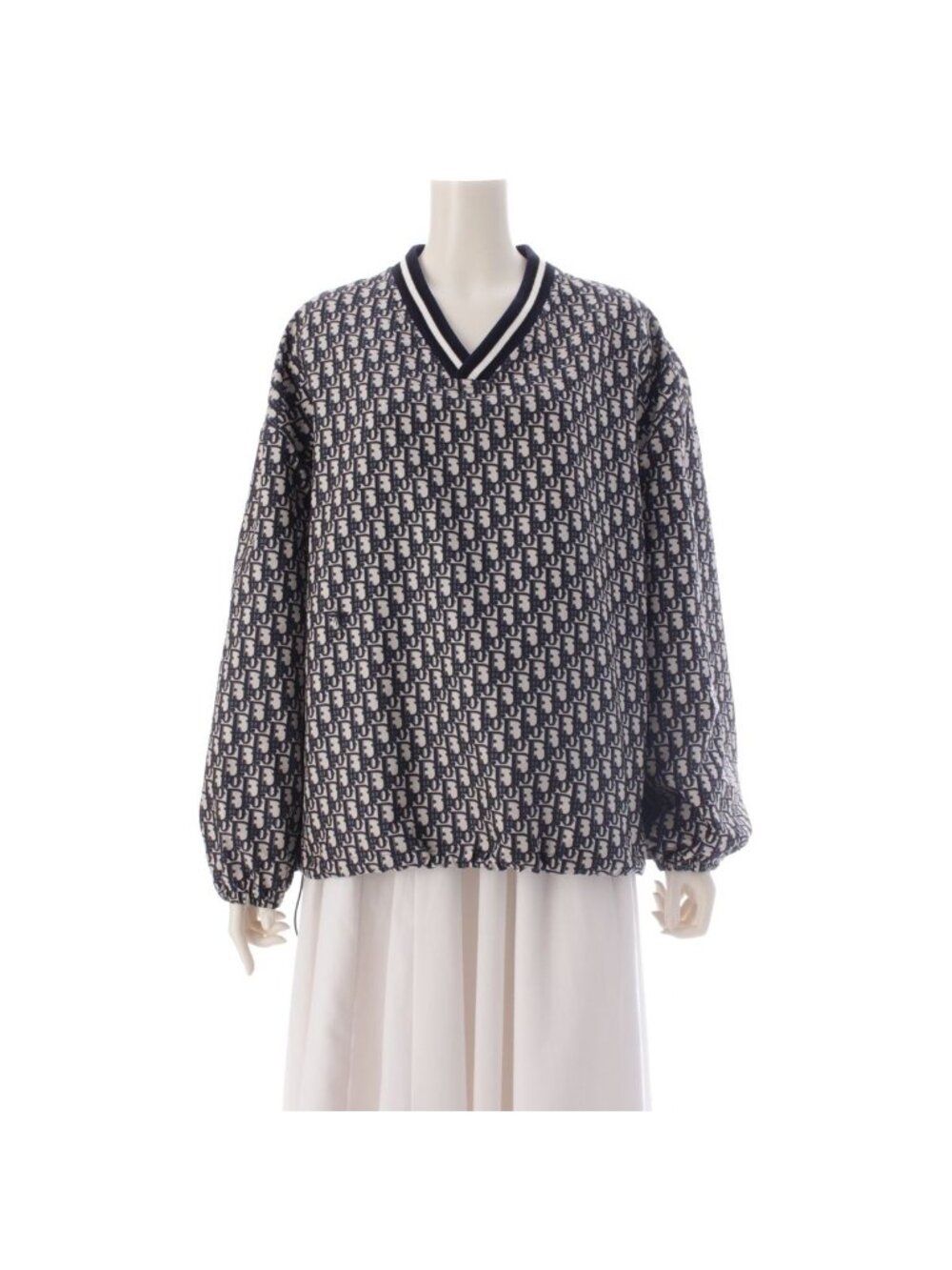 Dior Polyester Oblique Technical Taffeta Jacquard Pullover Top Blue Ecru 38
